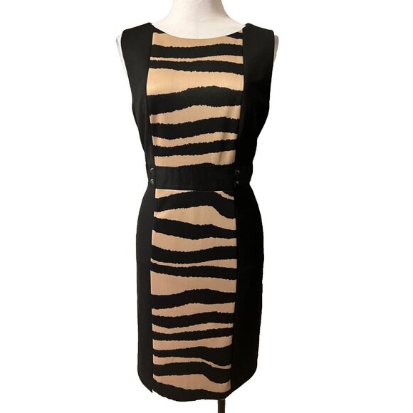 Tahari Dress 10 Black Brown Panel Career Church Stretch Sheath Sleeveless - Picture 1 of 11
